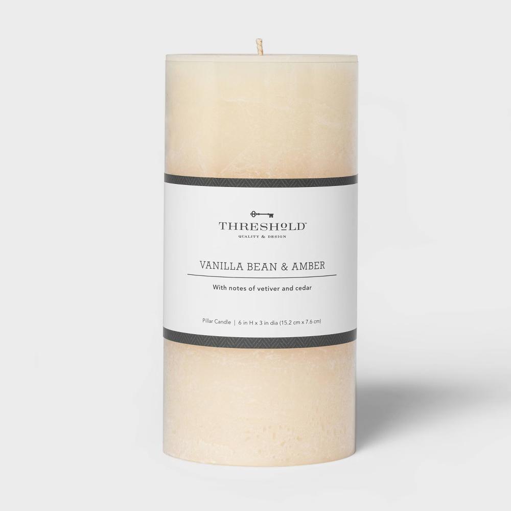 6" x 3" Pillar Vanilla Bean and Amber Candle - Threshold™: Smoke-less, 100hr Burn Time