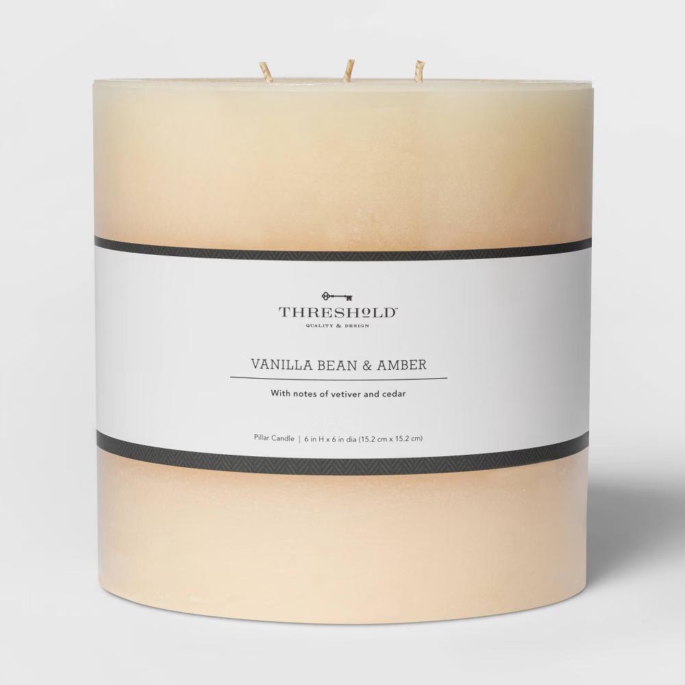 3-Wick 6"x6" Pillar Vanilla Bean and Amber Candle - Threshold™: 95-Hour Burn, Spring Scented, No Container