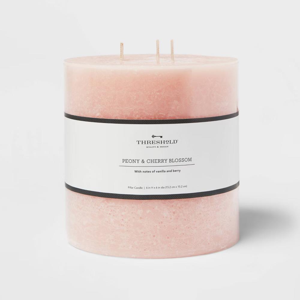 6"x6" 3-Wick Peony & Cherry Blossom Cozy Pillar Candle Pink - Threshold™: Modern Traditional Decor, 95hr Burn Time