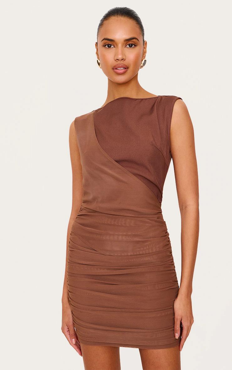 Chocolate Woven Wrap Ruched Mini Dress