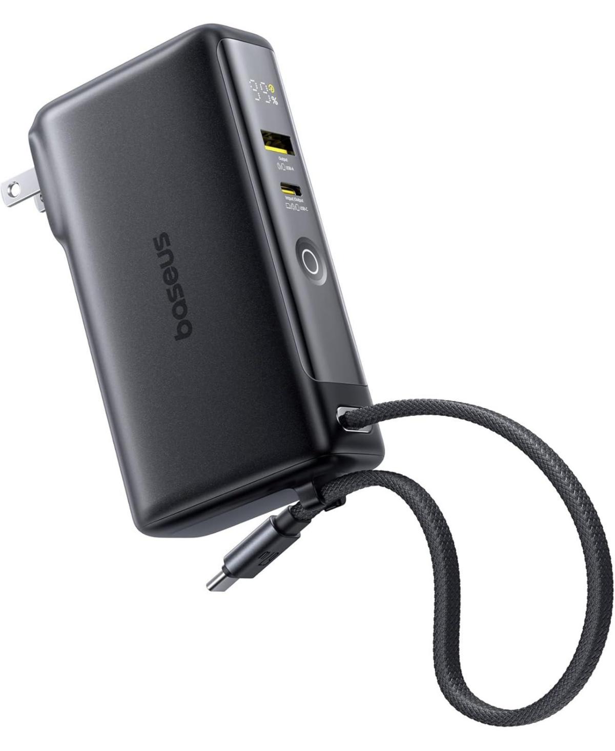 Baseus Nomos Power Bank, 67W Foldable Wall Plug and 10,000mAh 35W Portable Charger, 3-in-1 Travel Essentials Battery Pack Built-in Usb-c Cable - Black