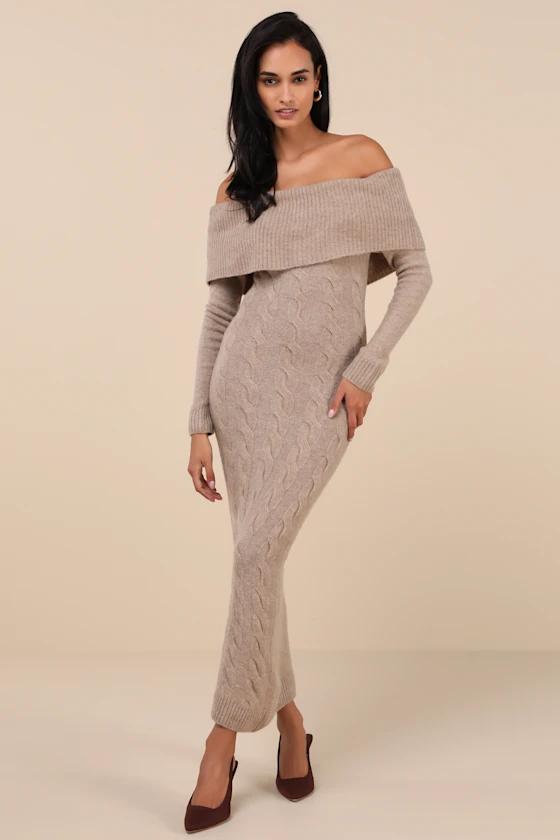 Cozy Excellence Heather Beige Off-the-Shoulder Sweater Dress
