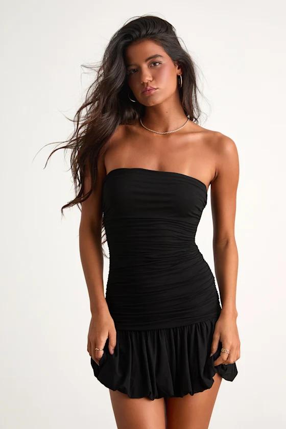 Calix Black Strapless Ruched Bubble-Hem Mini Dress