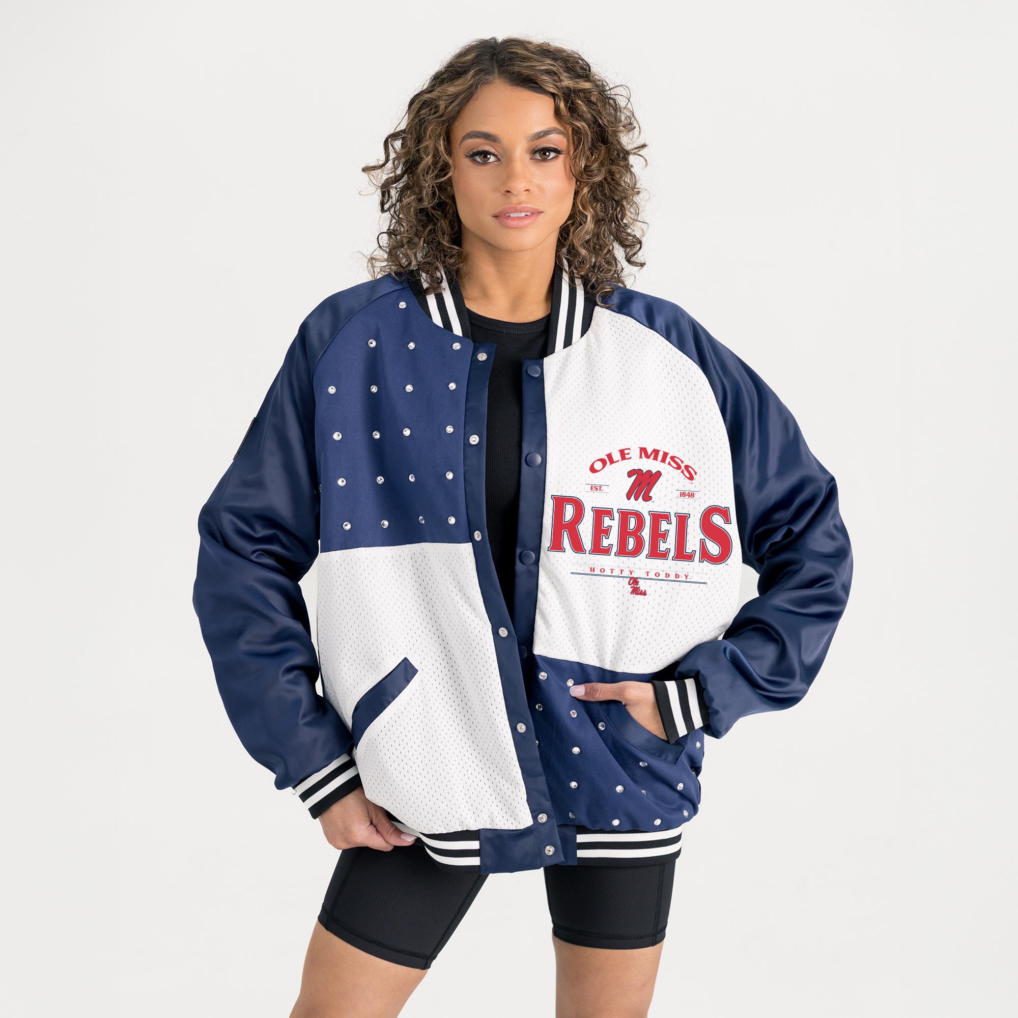Women's Gameday Couture Navy Ole Miss Rebels Oversized Inner Drive Varsity Rhinestone Full-Snap Bomber Jacket