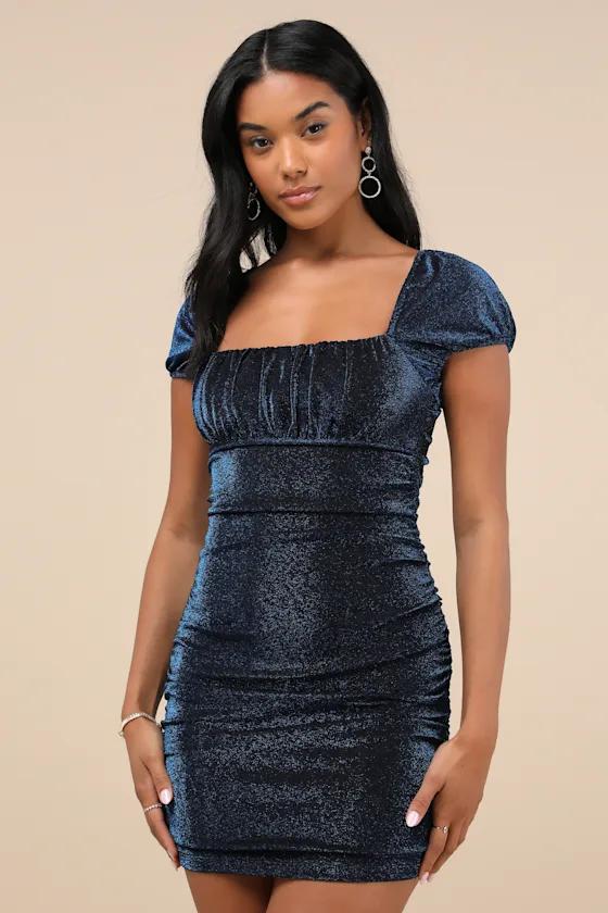 Absolute Radiance Sparkly Blue Ruched Puff Sleeve Mini Dress